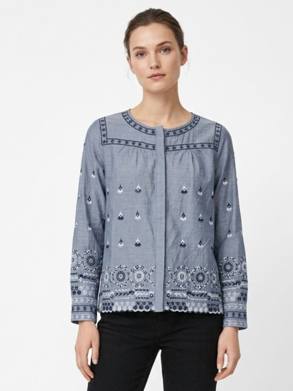 Walter Baker Embroidered Floral Chambray Blue Top Blouse Long Sleeve Small